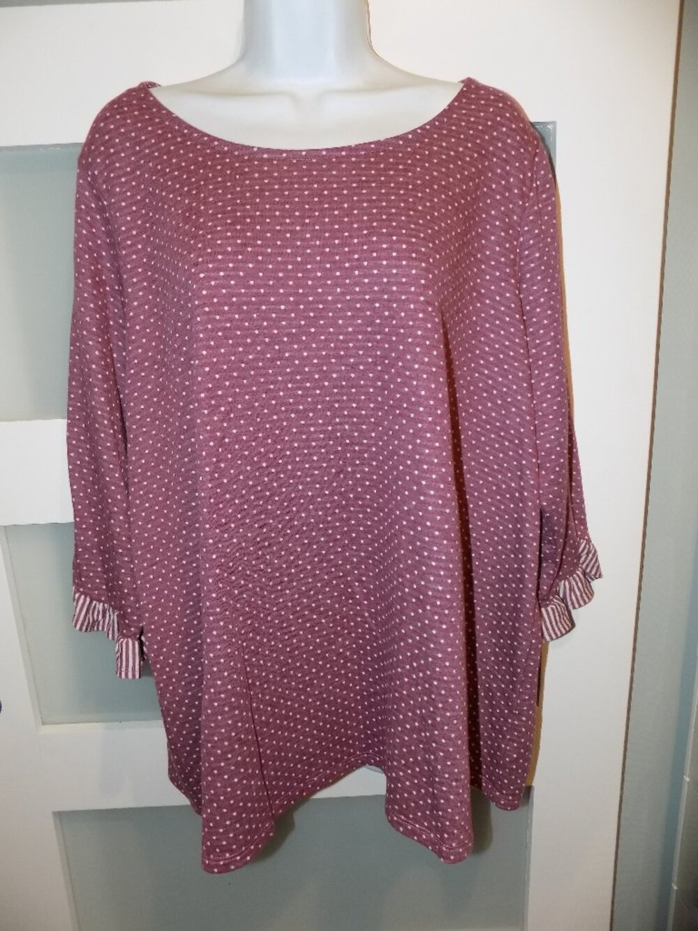 Rose + Olive Plum W/White Polka Dot 3/4 Sleeve Shirt Size 3X Women's NEW